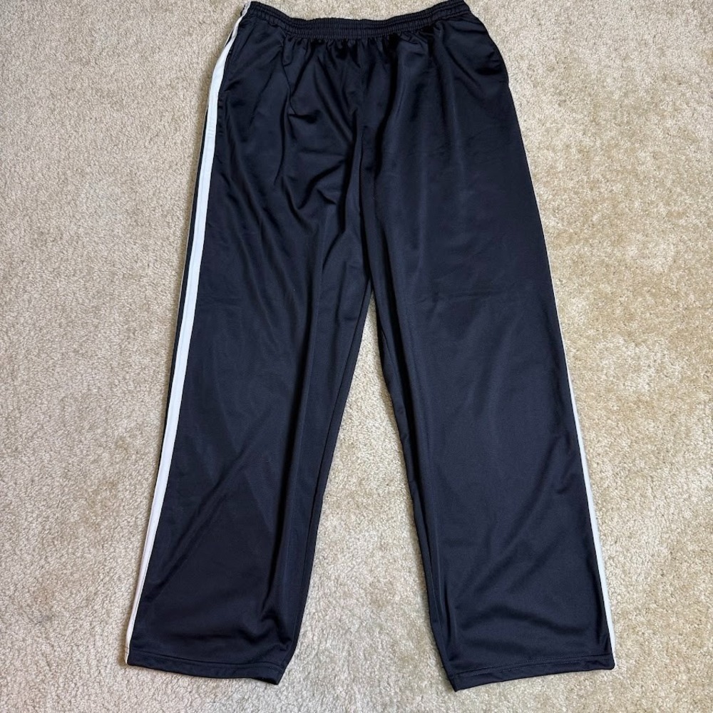 Y2K Jerzees Track Pants Mens L Black White Side Stripes Wide Leg Sweatpants